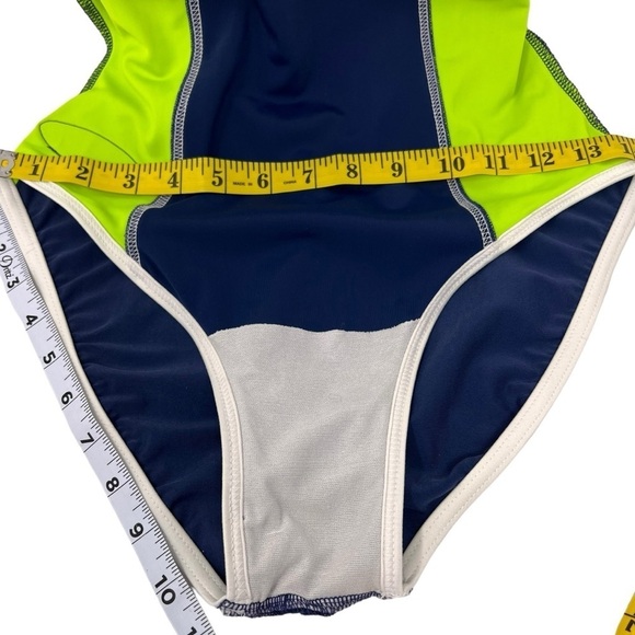 Vintage Jantzen One Piece Racerback Swim Suit Navy Blue Lime Green Retro Size 12 - Picture 5 of 11